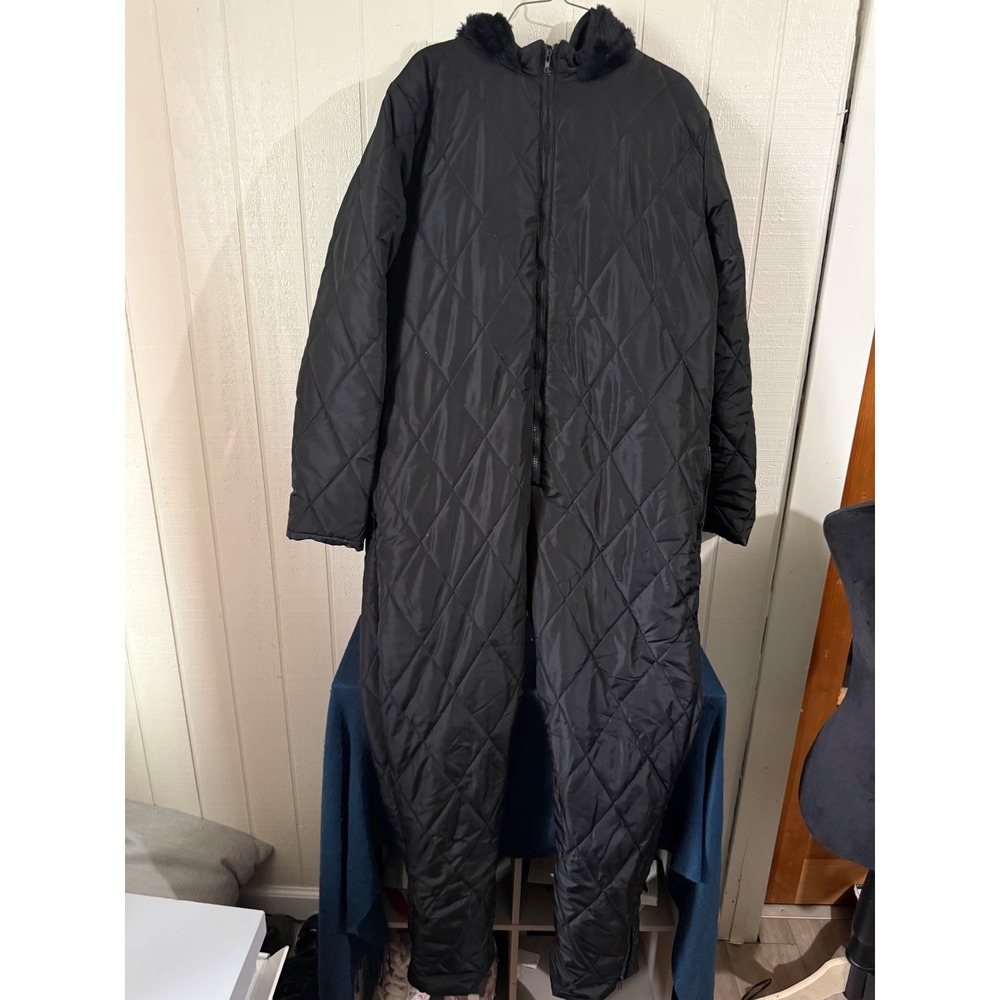 Vintage Black Quilted Insulated Hooded Jumpsuit Full Body Winter Coverall